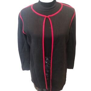 Chico’s Trimmed Open Front Knit Cardigan Red Black Sz M 1